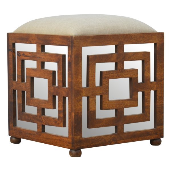 Solid Mango Wood Carved Linen Seat Footstool - Image 3