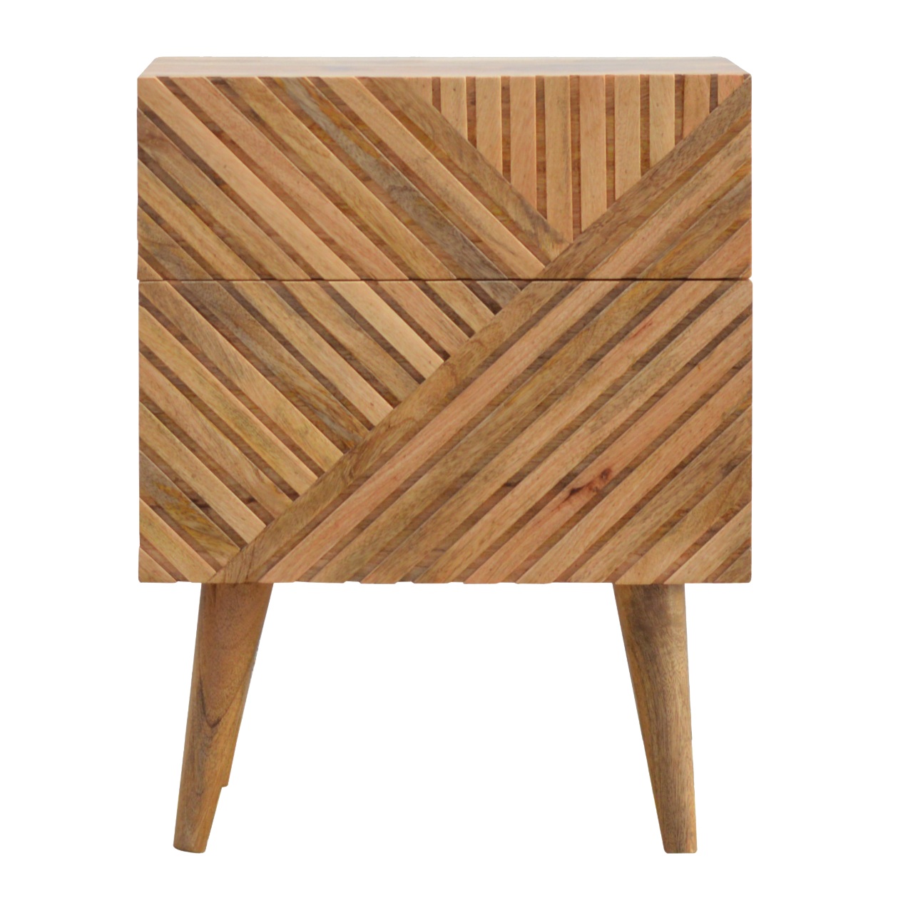 Solid Oak Finished Scandinavian Style Two Drawer Line Patterned Cabinet 1
