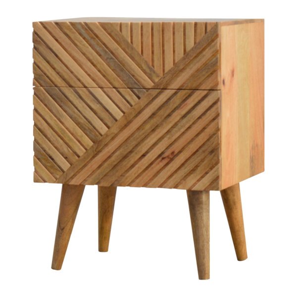 Solid Oak Finished Scandinavian Style Two Drawer Line Patterned Cabinet 1 - Image 3