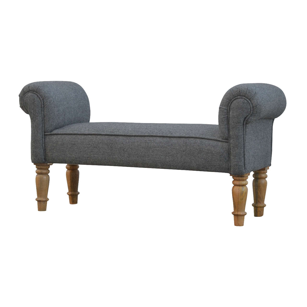 Solid Mango Wood Black Tweed Upholstered Bedroom Bench