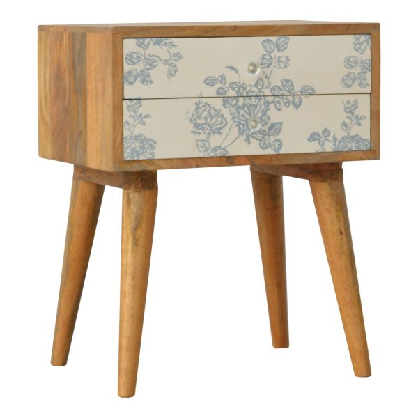 Solid Mango Wood Oak Finished Bedside with Blue Floral Screen Print Front - Image 2