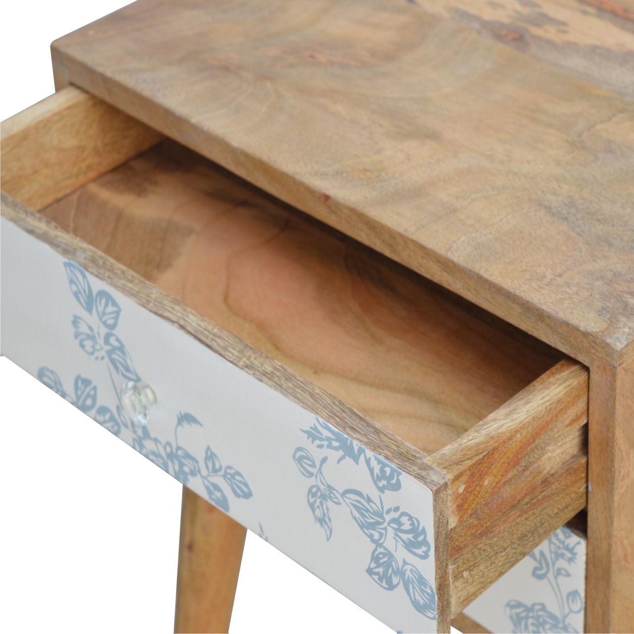 Solid Mango Wood Oak Finished Bedside with Blue Floral Screen Print Front - Image 5