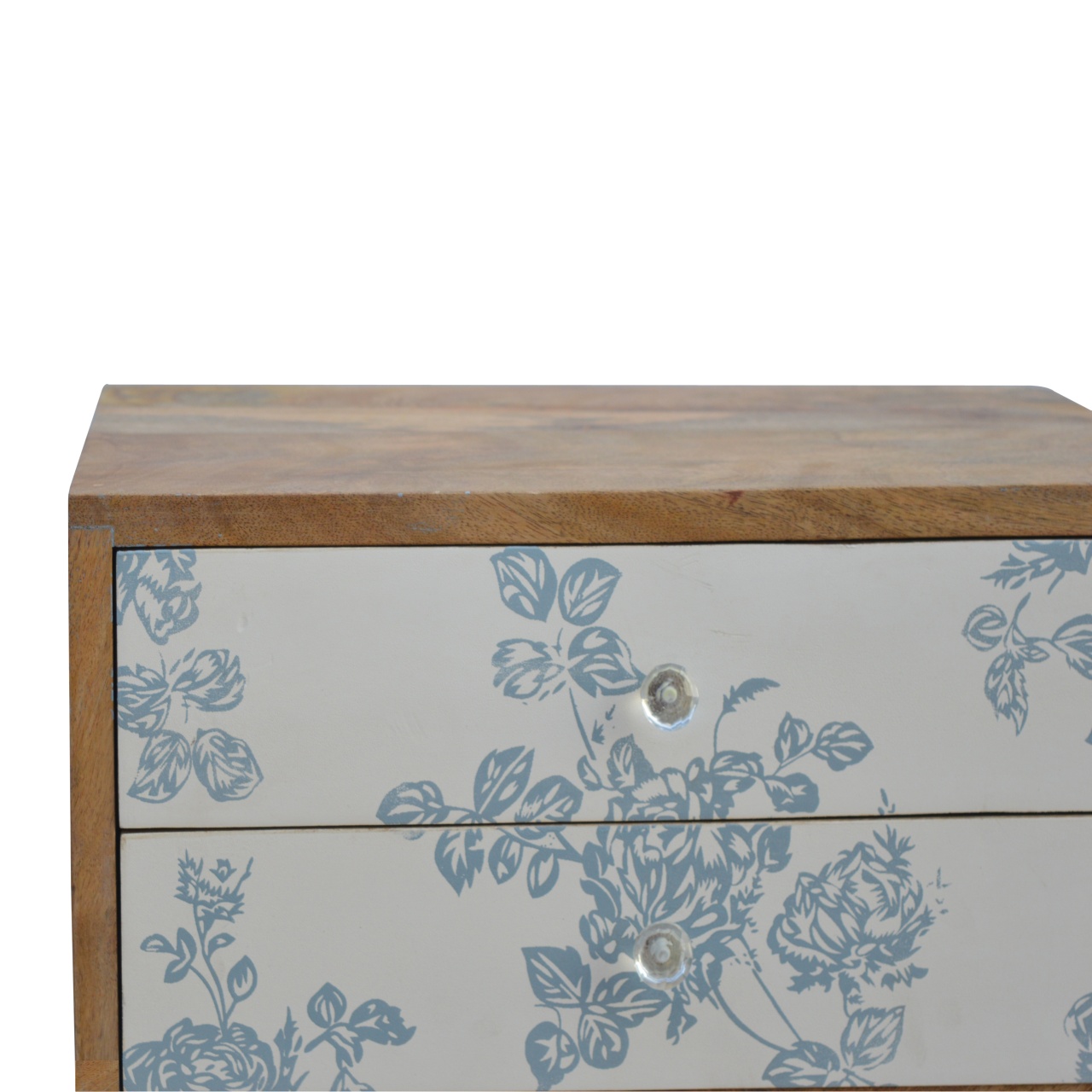 Solid Mango Wood Oak Finished Bedside with Blue Floral Screen Print Front - Image 3