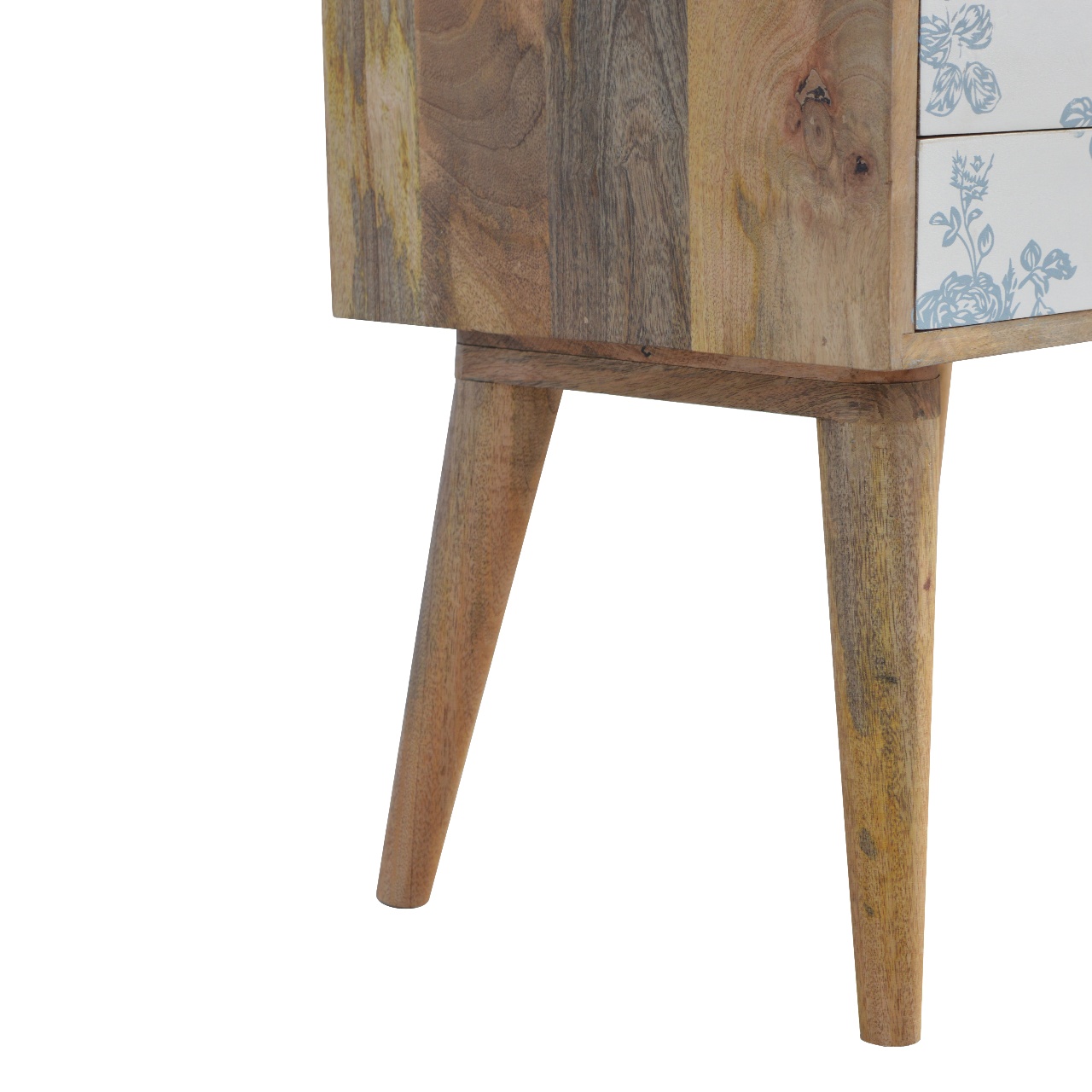 Solid Mango Wood Oak Finished Bedside with Blue Floral Screen Print Front - Image 4
