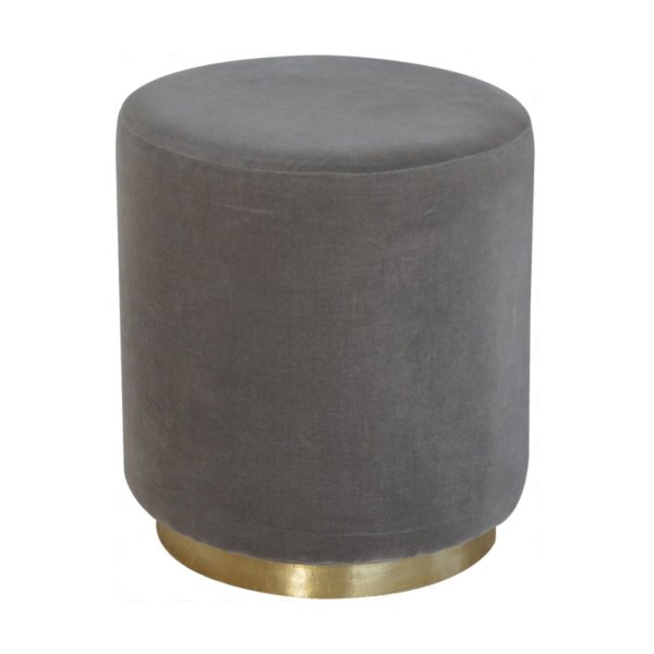 Solid Mango Wood Grey Velvet Round Footstool with Gold Coloured Base