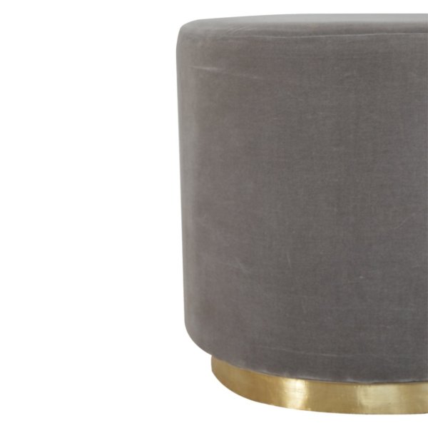 Solid Mango Wood Grey Velvet Round Footstool with Gold Coloured Base - Image 2