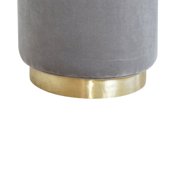 Solid Mango Wood Grey Velvet Round Footstool with Gold Coloured Base - Image 7