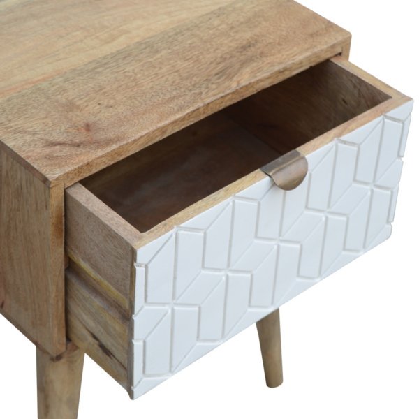 Solid Mango Wood Sleek White Carved Bedside - Image 3
