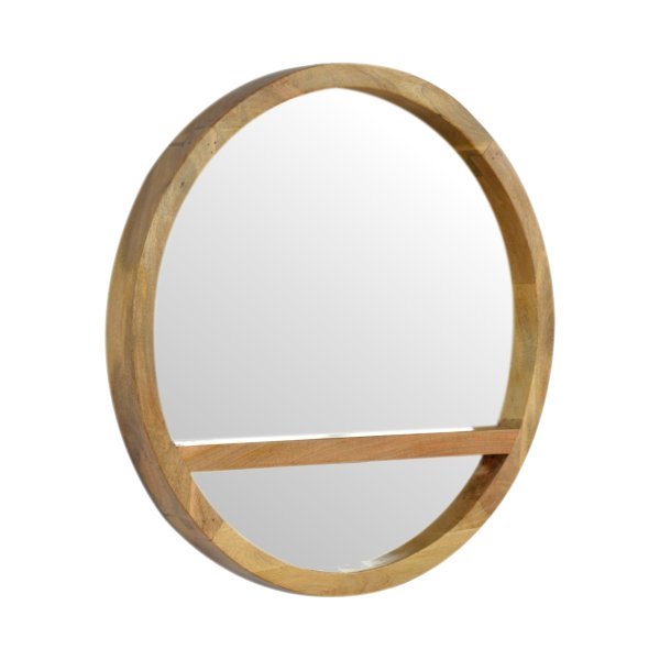Solid Mango Wood Frame Round Mirror with 1 Shelf - Image 3