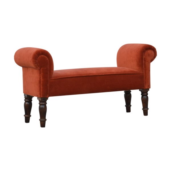 Solid Mango Wood Walnut Finished Rust Velvet Walnut Turned Feet Bench