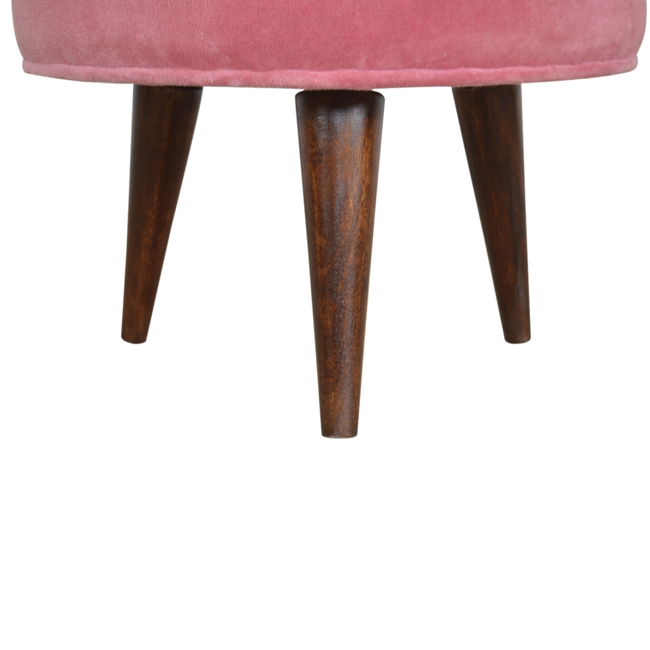Solid Mango Wood Walnut Finished Pink Velvet Scandinavian Style Footstool
