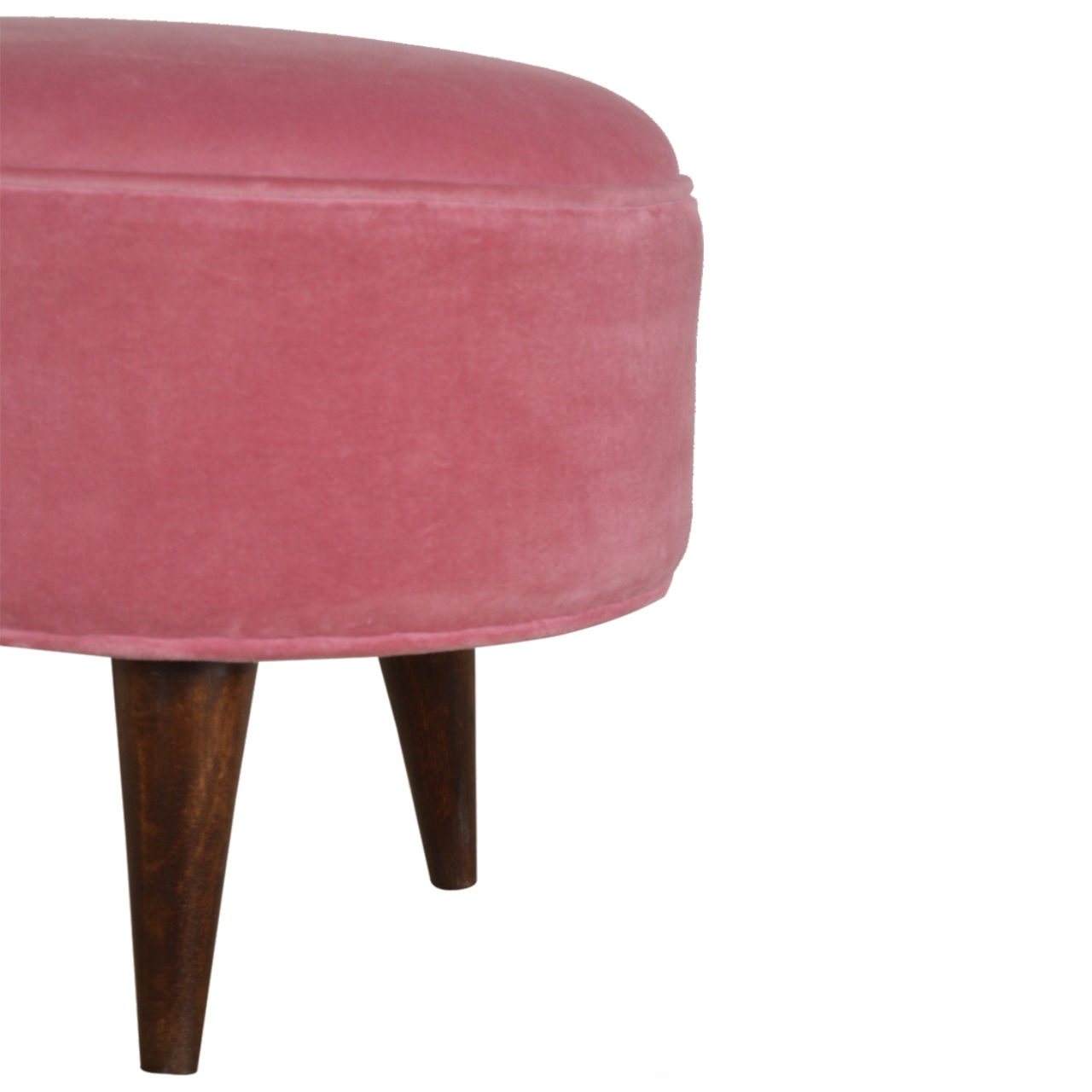 Solid Mango Wood Walnut Finished Pink Velvet Scandinavian Style Footstool - Image 3