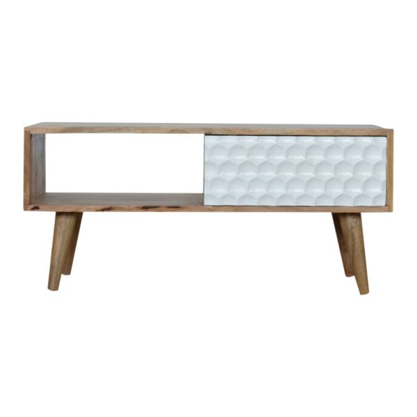 Solid Mango Wood Oak Finished Honeycomb Carved Sliding Door Media Unit