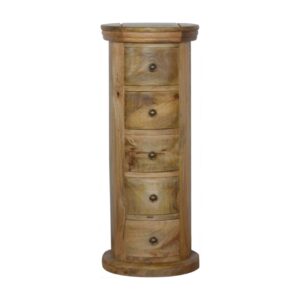 Solid Mango Wood Oak Finished Five Drawer Round Chest