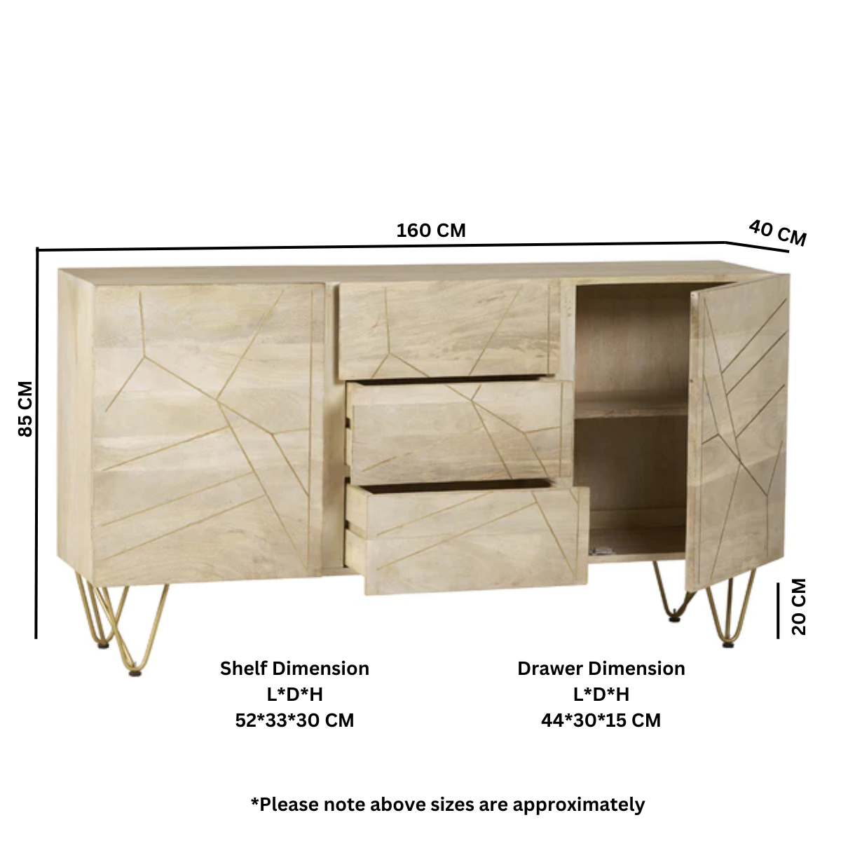 Light Gold Extra Large Sideboard 3 Drawers and 2 Doors - Image 4