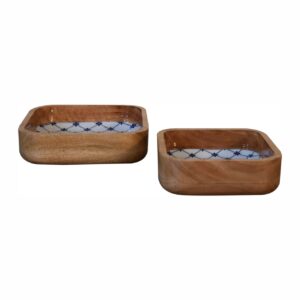 Mango Wood Blue and White Square Bowl Set of 2