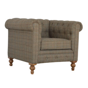 Solid Mango Wood Single Seater Chesterfield Multi Tweed Arm Chair