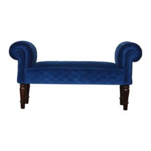 Solid Mango Wood Royal Blue Quilted Velvet Bench
