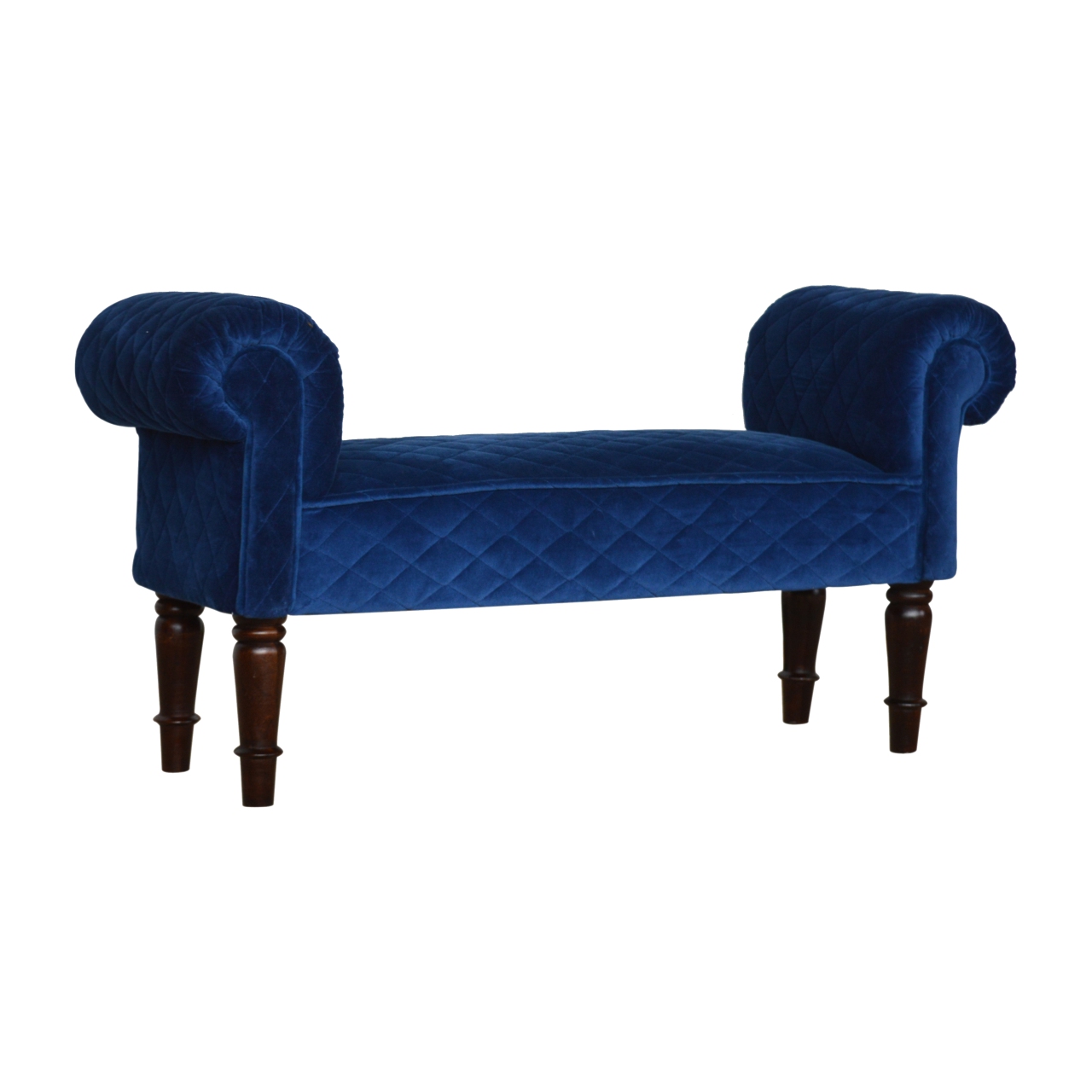 Solid Mango Wood Royal Blue Quilted Velvet Bench - Image 2