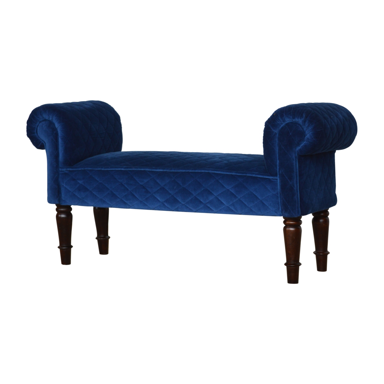 Solid Mango Wood Royal Blue Quilted Velvet Bench - Image 3