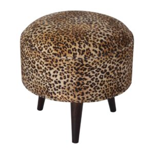 Solid Walnut Finished Cotton Velvet Leopard Print Footstool