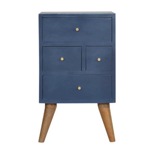 Solid Mango Wood Scandinavian Style Blue Hand Painted Multi Drawer Bedside Chest