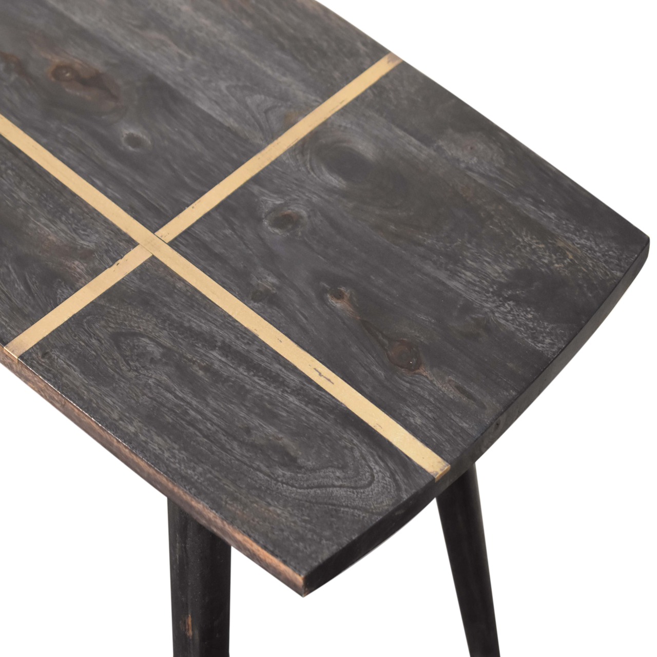 Solid Mango Wood Ash Black Brass Inlay Coffee Table - Image 4