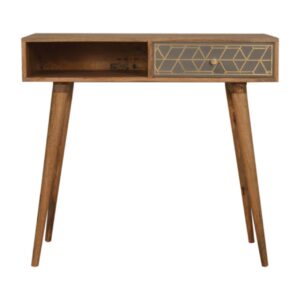 Solid Mango Wood Oak Finished Dice Patterned Brass and Cement Inlaid 1 Drawer 1 Slot Desk with Scandinavian Legs