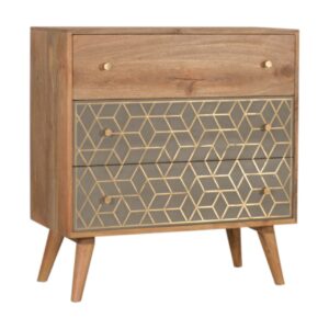 Solid Mango Wood Oak Finished Dice Patterned Brass and Cement Inlaid 3 Drawer Chest with Scandinavian Legs