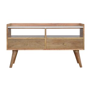 Solid Mango Wood Oak Finished White Topped Faux Marble 2 Drawer Scandinavian Style Media Unit