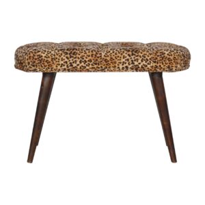 Solid Mango Wood Walnut Finished Leopard Print Cotton Velvet Deep Button Bench