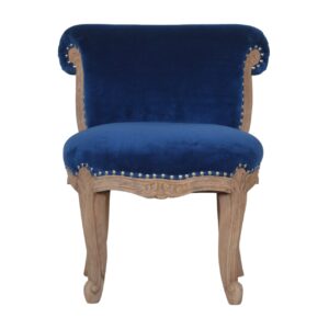 Solid Mango Sun Bleached Oak Finished Royal Blue Velvet Upholstered Studded Chair