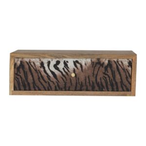 Solid Mango Wood Oak Finished Animal Patterned Wall Mounted Bedside Table