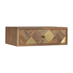 Solid Mango Wood Oak Finished Brass Inlaid Wall Mounted One Drawer Bedside Table/Cabinet