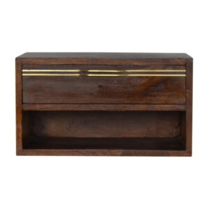 Solid Mango Wood Chestnut Finished Wall Mounted 1 Drawer 1 Shelf Brass Handle Bedside Table