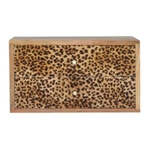Solid Mango Wood Oak Finished Wall Mounted Leopard Print Front 2 Drawer 2 Brass Handle Bedside Table