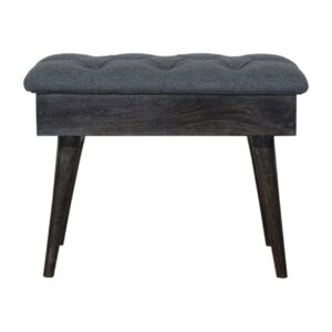 Solid Mango Wood Black Ash Finished Black Tweed Upholstered Lidded Bench