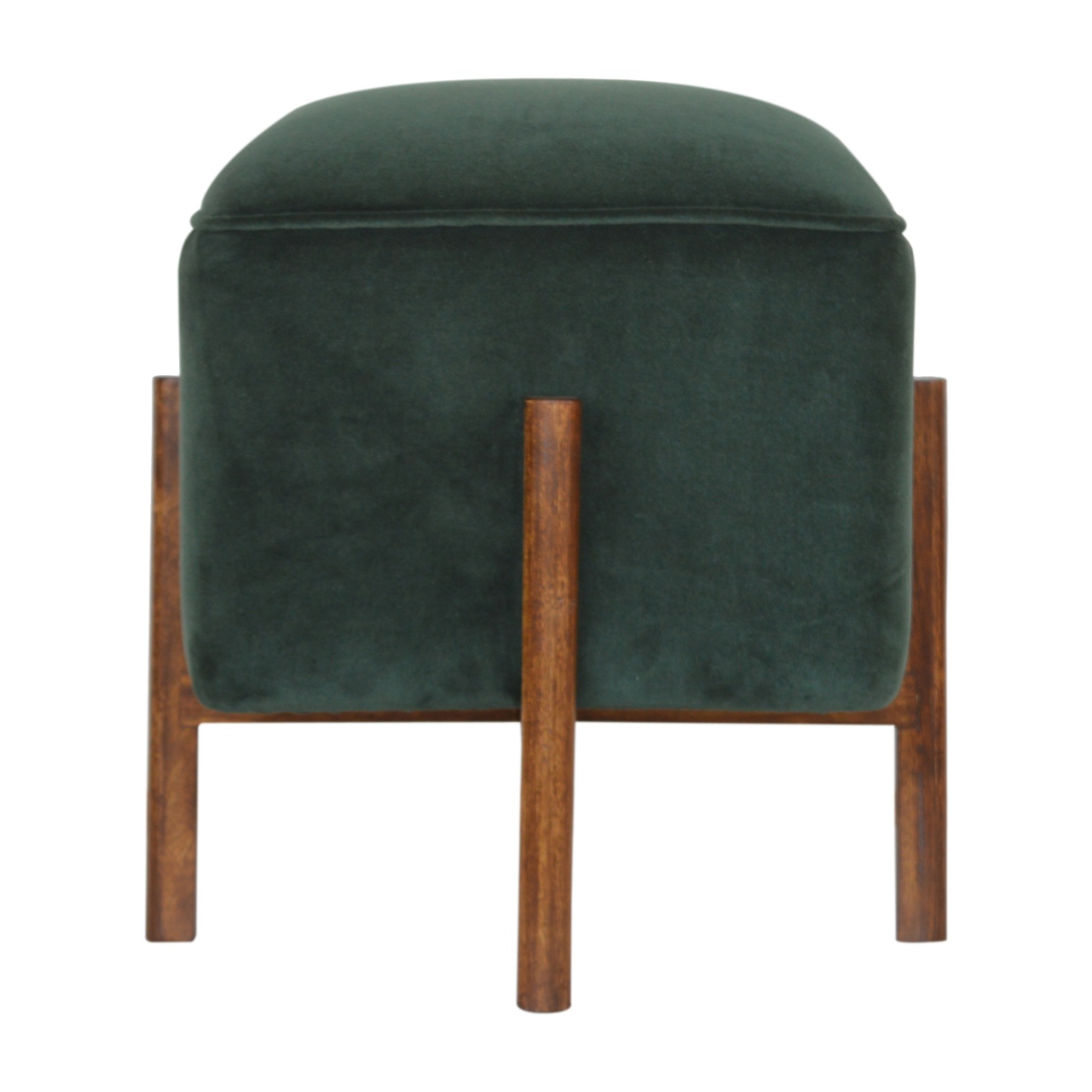 Solid Mango Walnut Finished Emerald Velvet Footstool with Solid Wood Legs