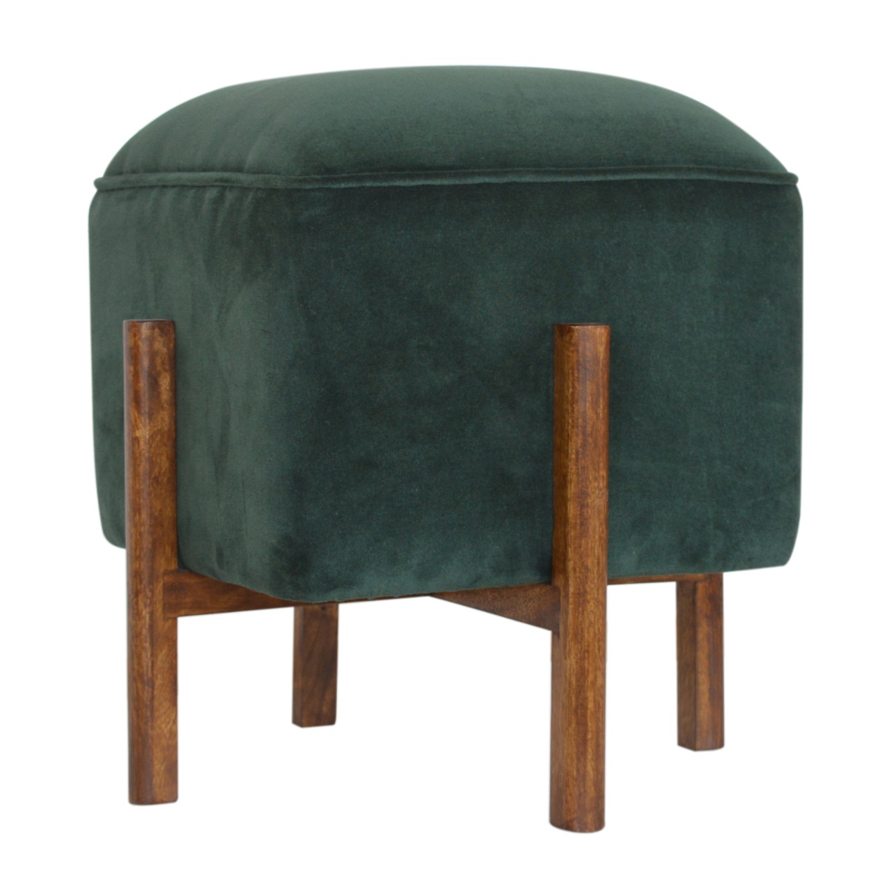 Solid Mango Walnut Finished Emerald Velvet Footstool with Solid Wood Legs - Image 2