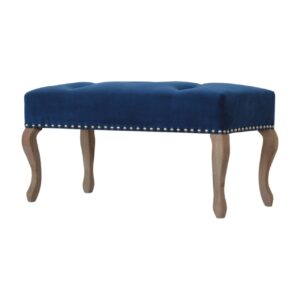 Solid Mango Wood Sun Bleached Finish with Studs Royal Blue Upholstery French Style Bench