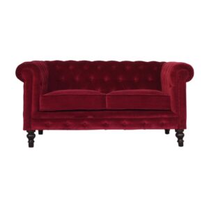 Solid Mango Wood Walnut Finished and Wine Red Cotton Velvet 2 Seater Chesterfield Sofa