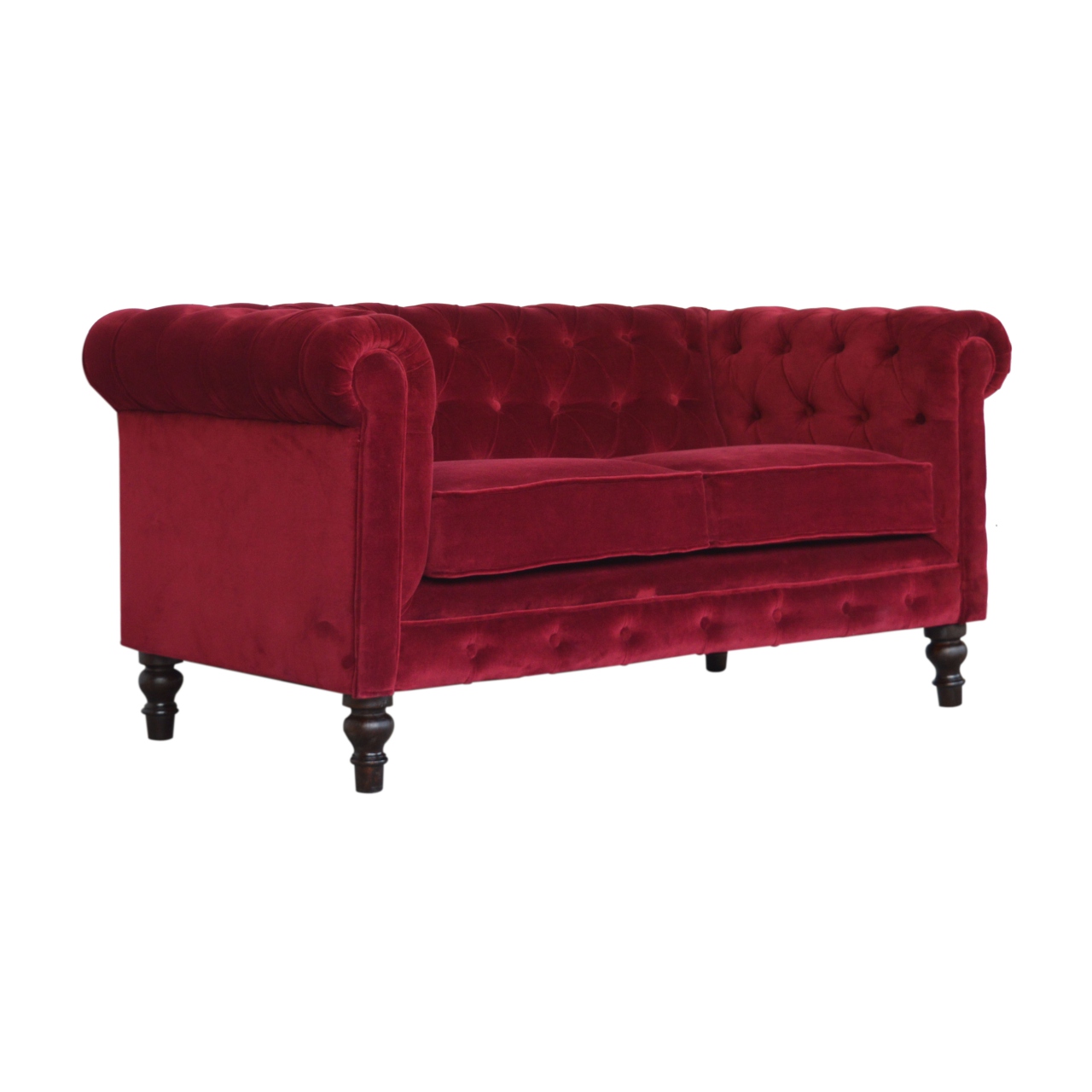 Solid Mango Wood Walnut Finished and Wine Red Cotton Velvet 2 Seater Chesterfield Sofa - Image 2