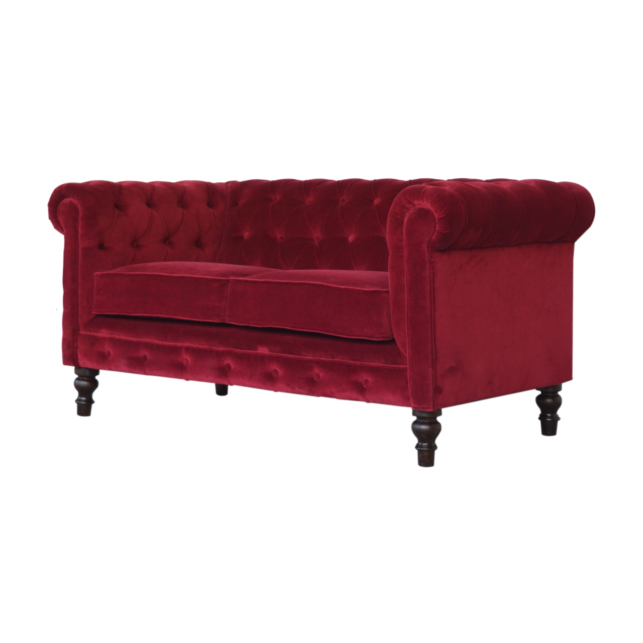 Solid Mango Wood Walnut Finished and Wine Red Cotton Velvet 2 Seater Chesterfield Sofa - Image 3