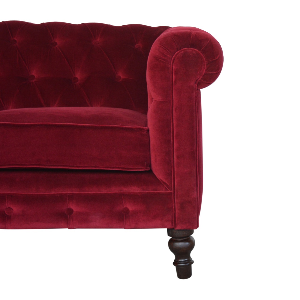 Solid Mango Wood Walnut Finished and Wine Red Cotton Velvet 2 Seater Chesterfield Sofa - Image 4