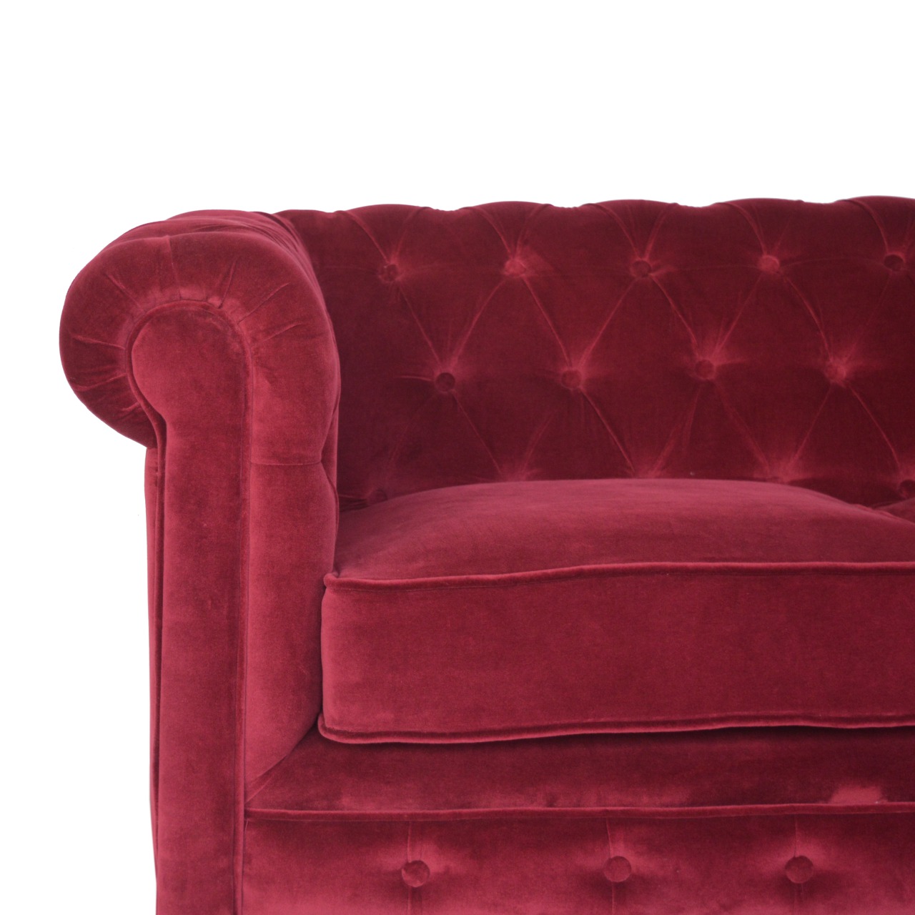 Solid Mango Wood Walnut Finished and Wine Red Cotton Velvet 2 Seater Chesterfield Sofa - Image 5