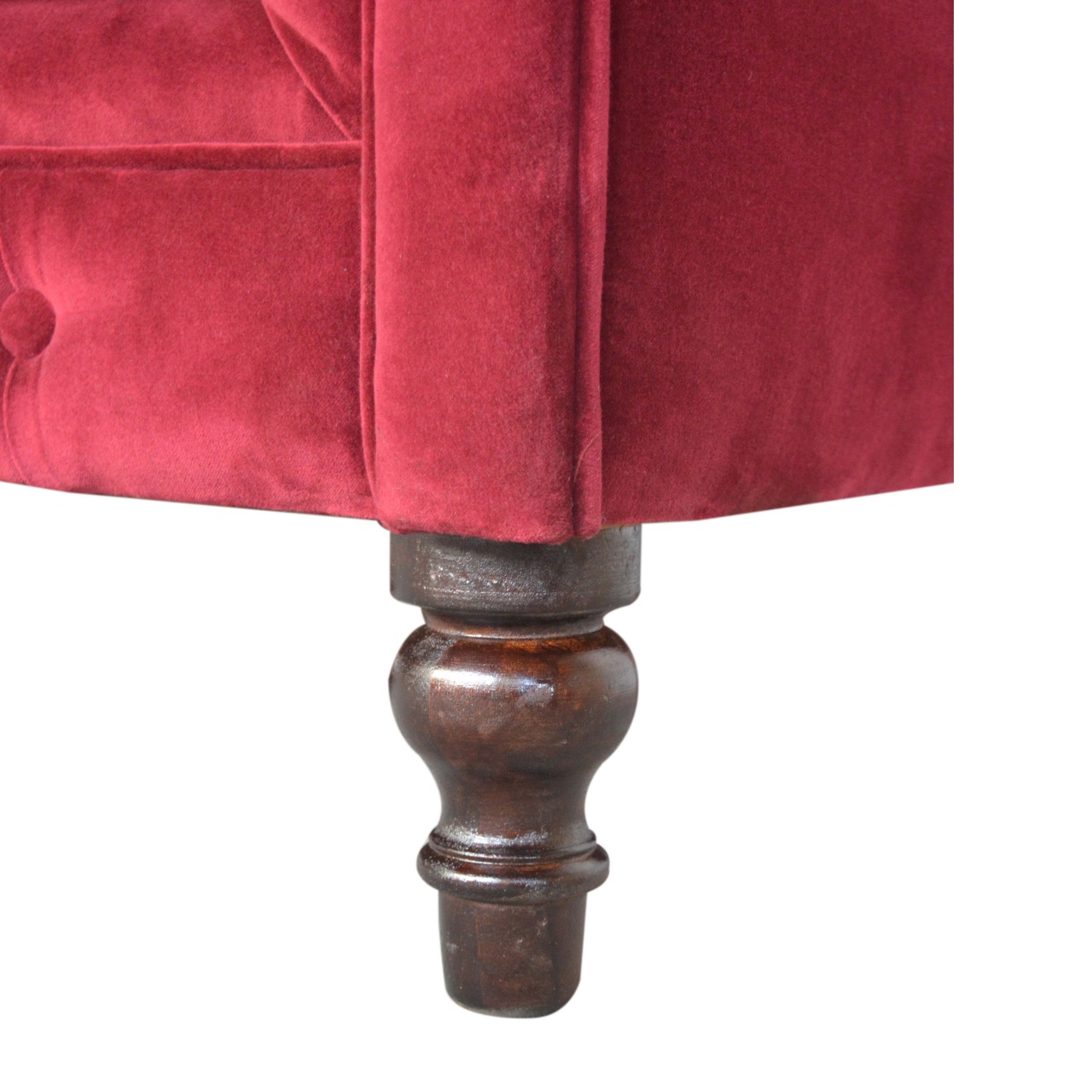 Solid Mango Wood Walnut Finished and Wine Red Cotton Velvet 2 Seater Chesterfield Sofa - Image 7
