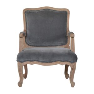 Solid Mango Wood Sun Bleached Oak and Grey Cotton Velvet French Style Arm Chair