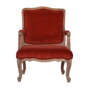 Solid Mango Wood Sun Bleached Oak and Rust Coloured Cotton Velvet French Style Arm Chair