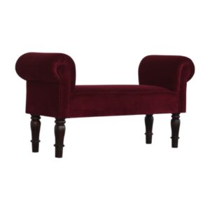 Solid Mango Wood Walnut Finished Wine Red Cotton Velvet Bench with Turned Legs and Arms