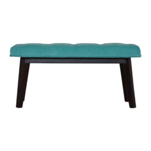 Solid Mango Wood Walnut Finished Aqua Cotton Velvet Scandinavian Style Bench